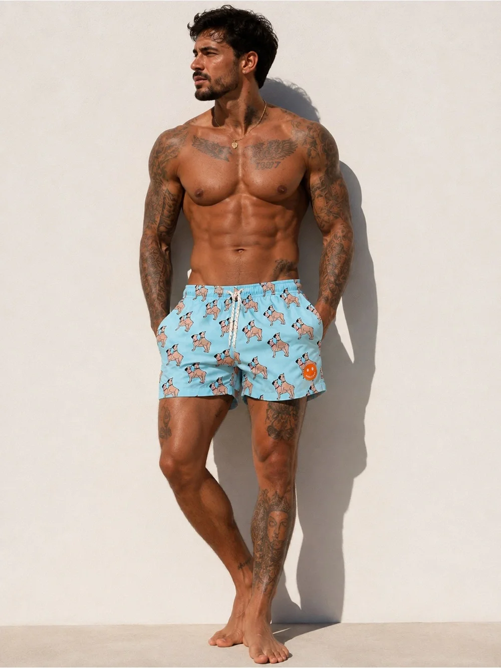Ambsn Mens Swim Shorts Trunk Lined Medium French Bulldog Print Pockets Funny